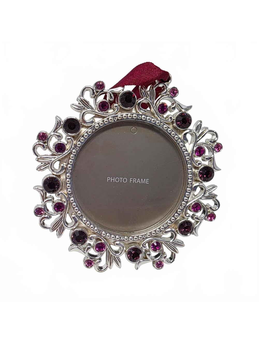 Harvey Lewis Purple Pink Jeweled Photo Frame Ornament Silver Tone 3.75"